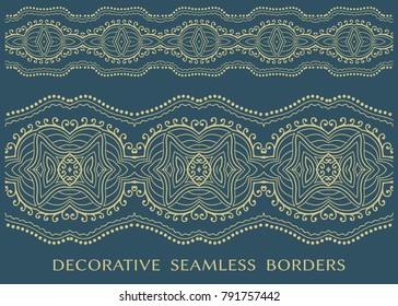 Decorative seamless borders set, doodle repeating pattern. Tribal ethnic arabic, indian, turkish ornament, isolated frame elements for invitation, card, book cover, fabric, paper print. Fashion lace c
