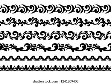 Decorative seamless borders vector set. Abstract floral design.