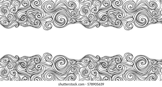 Decorative seamless borders with waves in black and white colors