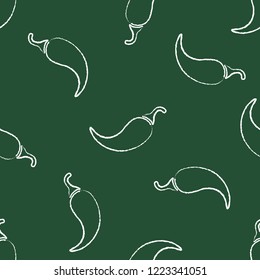 Decorative seamless chalk contour chilli vegetable pattern. Retro background with chalk silhouette chili pepper vegetables on green chalkboard. Seamless vector illustration for vegetarian menu pattern