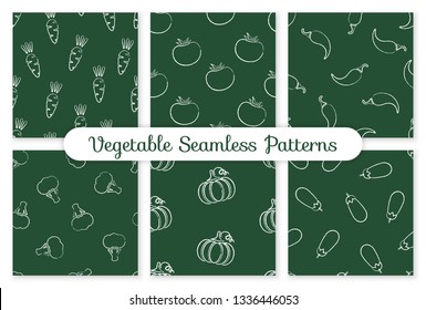 Decorative seamless chalk contour chilli vegetable pattern. Retro background with chalk silhouette chili pepper vegetables on green chalkboard. Seamless vector illustration for vegetarian menu pattern