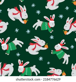 Decorative seamless Christmas pattern with cute rabbit and snowflakes on dark green background