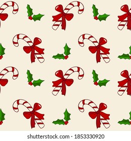 Decorative seamless christmas texture with caramel sticks and poinsettia. Colorful vector illustration in doodle style. Design for packaging, textile, gift card.
