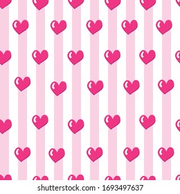 Decorative seamless cute trendy pattern with pink hearts on pink and white stripes background. Vector design for fabric textile, wrapping paper, wallpaper, wedding and valentines cards