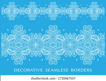 Conjunto de bordes de doodle, elementos de marco de línea, decorativos y sin fisuras. Ornamento étnico tribal para tela textil o papel impreso. Colección de moda de vectores 
