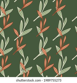 Decorative seamless doodle pattern with herbal pink and white outline foliage shapes. Green background. Perfect for fabric design, textile print, wrapping, cover. Vector illustration.