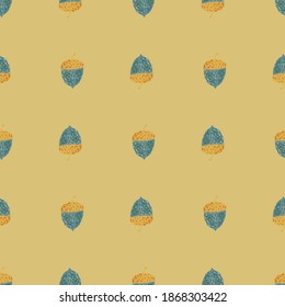 Decorative seamless doodle pattern with nature acorn blue shapes. Yellow pale background. Flat vector print for textile, fabric, giftwrap, wallpapers. Endless illustration.