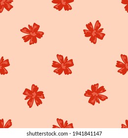 Decorative seamless doodle pattern with red colored flower buds shapes. Pastel pink background. Stock illustration. Vector design for textile, fabric, giftwrap, wallpapers.
