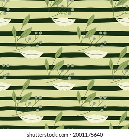 Decorative seamless doodle pattern with simple style berries and leaves. Striped green background. Great for fabric design, textile print, wrapping, cover. Vector illustration.