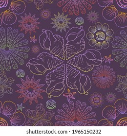 Decorative seamless elegant pattern design of seashells in floral forms in purple tones. The design is perfect for wallpapers, fabrics, decorations, wrapping paper, backgrounds.