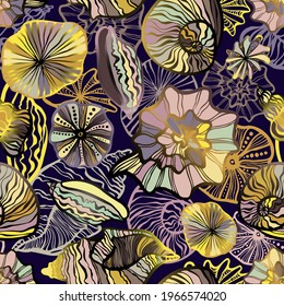 Decorative seamless elegant pattern design of seashells in floral forms in bright warm orange colors. The design is perfect for wallpapers, fabrics, decorations, wrapping paper, backgrounds