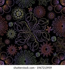 Decorative seamless elegant pattern design of seashells in floral forms in dark colors on black background. The design is perfect for wallpapers, fabrics, decorations, wrapping paper, backgrounds.