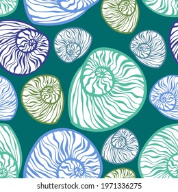 Decorative seamless elegant pattern design of seashells in floral forms in pastel blue and green tones. The design is perfect for wallpapers, fabrics, decorations, wrapping paper, backgrounds