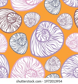 Decorative seamless elegant pattern design of seashells in floral forms in pastel orange tones. The design is perfect for wallpapers, fabrics, decorations, wrapping paper, backgrounds