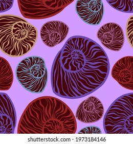 Decorative seamless elegant pattern design of seashells in floral forms in pastel purple tones. The design is perfect for wallpapers, fabrics, decorations, wrapping paper, backgrounds