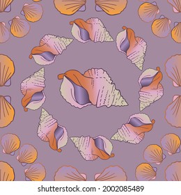 Decorative seamless elegant pattern design of seashells in purple tones. The design is perfect for wallpapers, fabrics, decorations, wrapping paper, backgrounds.