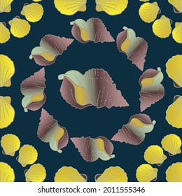 Decorative seamless elegant pattern design of seashells on dark background. The design is perfect for wallpapers, fabrics, decorations, wrapping paper, backgrounds.