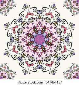 Decorative seamless ethnic mandala art pattern. Hand drawn round geometric mandala ornament, bandanna shawl, carpet design. Vector decoration doodle floral mandala background with seamless texture