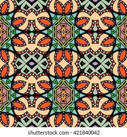 Decorative seamless ethnic mandala pattern.  Hand drawn round geometric mandala ornament, bandanna shawl, carpet design. Vector decoration doodle floral mandala background with seamless texture