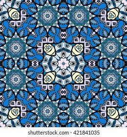 Decorative seamless ethnic mandala pattern.  Hand drawn round geometric mandala ornament, bandanna shawl, carpet design. Vector decoration doodle floral mandala background with seamless texture