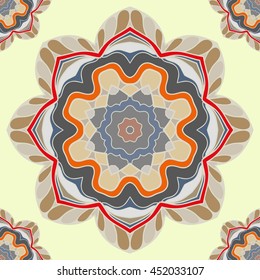 Decorative seamless ethnic mandala pattern. Hand drawn round geometric mandala ornament, bandanna shawl, carpet design. Vector decoration doodle floral mandala background with seamless texture