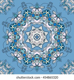 Decorative seamless ethnic mandala pattern. Hand drawn round geometric mandala ornament, bandanna shawl, carpet design. Vector decoration doodle floral mandala background with seamless texture