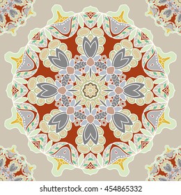 Decorative seamless ethnic mandala pattern. Hand drawn round geometric mandala ornament, bandanna shawl, carpet design. Vector decoration doodle floral mandala background with seamless texture
