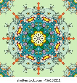 Decorative seamless ethnic mandala pattern. Hand drawn round geometric mandala ornament, bandanna shawl, carpet design. Vector decoration doodle floral mandala background with seamless texture