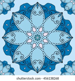 Decorative seamless ethnic mandala pattern. Hand drawn round geometric mandala ornament, bandanna shawl, carpet design. Vector decoration doodle floral mandala background with seamless texture