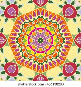 Decorative seamless ethnic mandala pattern. Hand drawn round geometric mandala ornament, bandanna shawl, carpet design. Vector decoration doodle floral mandala background with seamless texture