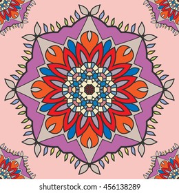 Decorative seamless ethnic mandala pattern. Hand drawn round geometric mandala ornament, bandanna shawl, carpet design. Vector decoration doodle floral mandala background with seamless texture
