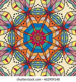 Decorative seamless ethnic mandala pattern. Hand drawn round geometric mandala ornament, bandanna shawl, carpet design. Vector decoration doodle floral mandala background with seamless texture