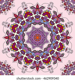 Decorative seamless ethnic mandala pattern. Hand drawn round geometric mandala ornament, bandanna shawl, carpet design. Vector decoration doodle floral mandala background with seamless texture