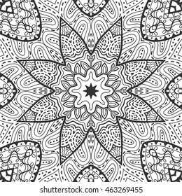 Decorative seamless ethnic mandala pattern. Hand drawn geometric mandala ornament, bandanna shawl, carpet design. Vector decoration doodle floral mandala background monochrome texture