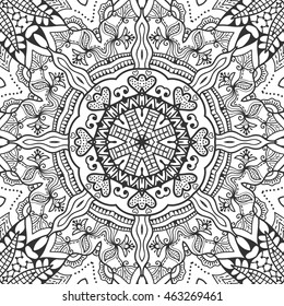 Decorative seamless ethnic mandala pattern. Hand drawn geometric mandala ornament, bandanna shawl, carpet design. Vector decoration doodle floral mandala background monochrome texture