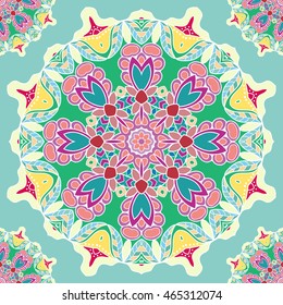 Decorative seamless ethnic mandala pattern. Hand drawn round geometric mandala ornament, bandanna shawl, carpet design. Vector decoration doodle floral mandala background with seamless texture
