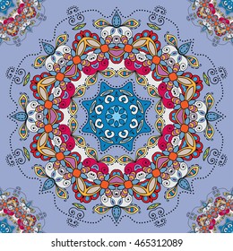 Decorative seamless ethnic mandala pattern. Hand drawn round geometric mandala ornament, bandanna shawl, carpet design. Vector decoration doodle floral mandala background with seamless texture