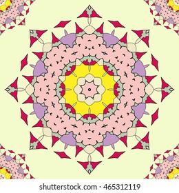 Decorative seamless ethnic mandala pattern. Hand drawn round geometric mandala ornament, bandanna shawl, carpet design. Vector decoration doodle floral mandala background with seamless texture