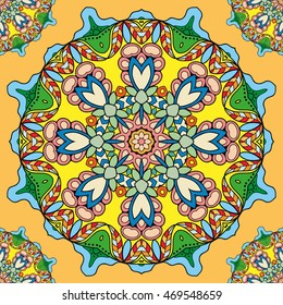 Decorative seamless ethnic mandala pattern. Hand drawn round geometric mandala ornament, bandanna shawl, carpet design. Vector decoration doodle floral mandala background with seamless texture