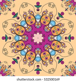 Decorative seamless ethnic mandala pattern. Hand drawn round geometric mandala ornament, bandanna shawl, carpet design. Vector decoration doodle floral mandala background with seamless texture