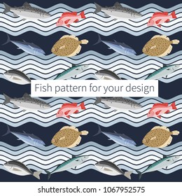 Decorative seamless fish pattern with blue waves. Bright and cute marine background.
