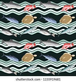 Decorative seamless fish pattern with blue waves. Bright and cute marine background.