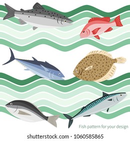 Decorative seamless fish pattern with green waves. Bright and cute marine background.