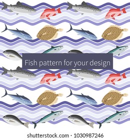 Decorative seamless fish pattern with waves. Bright and cute marine background.