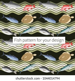 Decorative seamless fish pattern with waves. Bright and cute marine background.