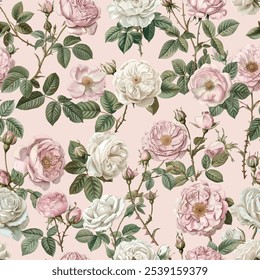Decorative seamless floral background featuring blooming roses and botanical foliage. Ideal for interior design, textile prints, wrapping paper, and elegant decorative products.