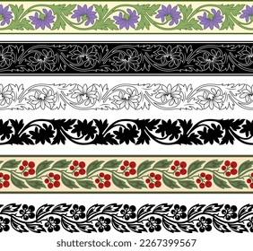 Decorative seamless floral borders, classic art. Black and colored, stencil. Pattern brushes included.