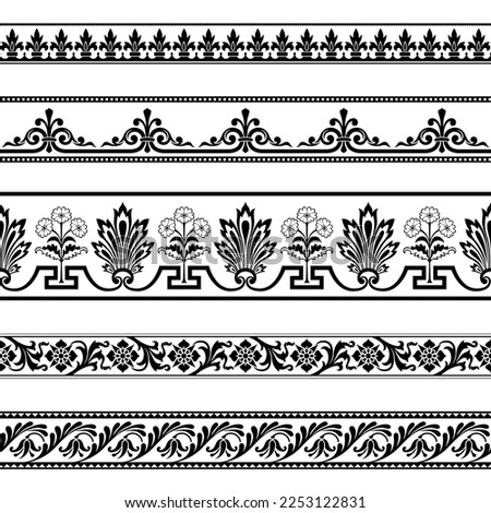 Decorative seamless floral borders, classic art. Black and white colors.