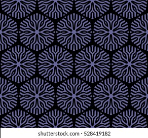 Decorative seamless floral illusion. Vector illustration. Black on blue