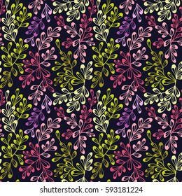 Decorative seamless floral pattern in doodle style. Vector abstract hand drawn ornament. Plants, branches and leaves stylized background.
